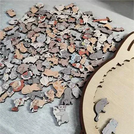 🎁 Kaunis jõulukingitus 🎅 135-osaline Morandi toonides puidust kassi kujuline pusle