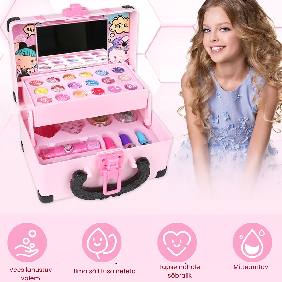 🌸 Laste pestav meigikomplekt – ohutu ja loominguline mäng