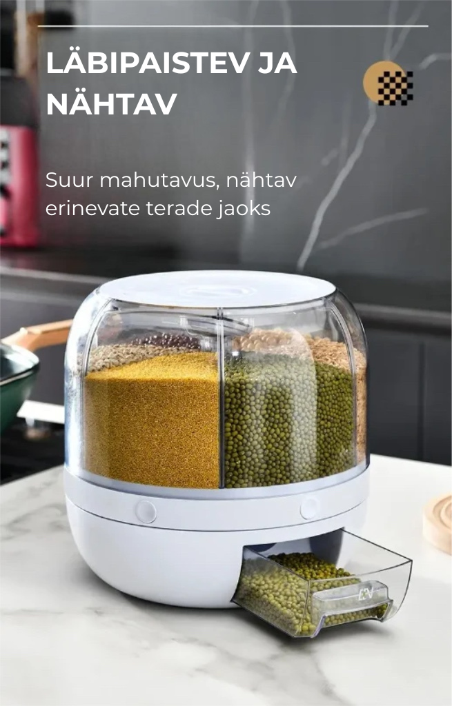 360° Pöörlev teraviljajaotur – tagab korrastatud ja tõhusa köögikorralduse