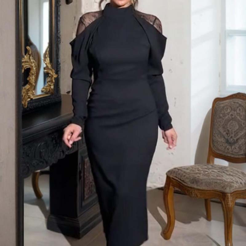 Elegantne naiste midi kleit pitsilise selja ja kõrge kraega