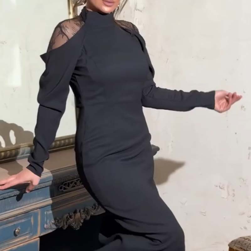 Elegantne naiste midi kleit pitsilise selja ja kõrge kraega